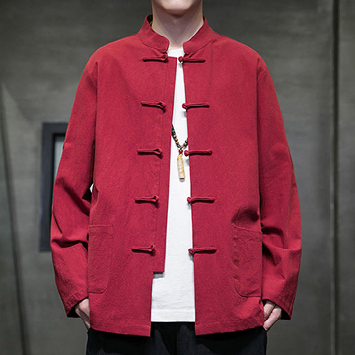 Giacca da uomo in lino e cotone con tasche, tinta unita, bottoni a rana , Buddha Stones - Cremisi - US/UK/AU46, EU56 (5XL) - image 33