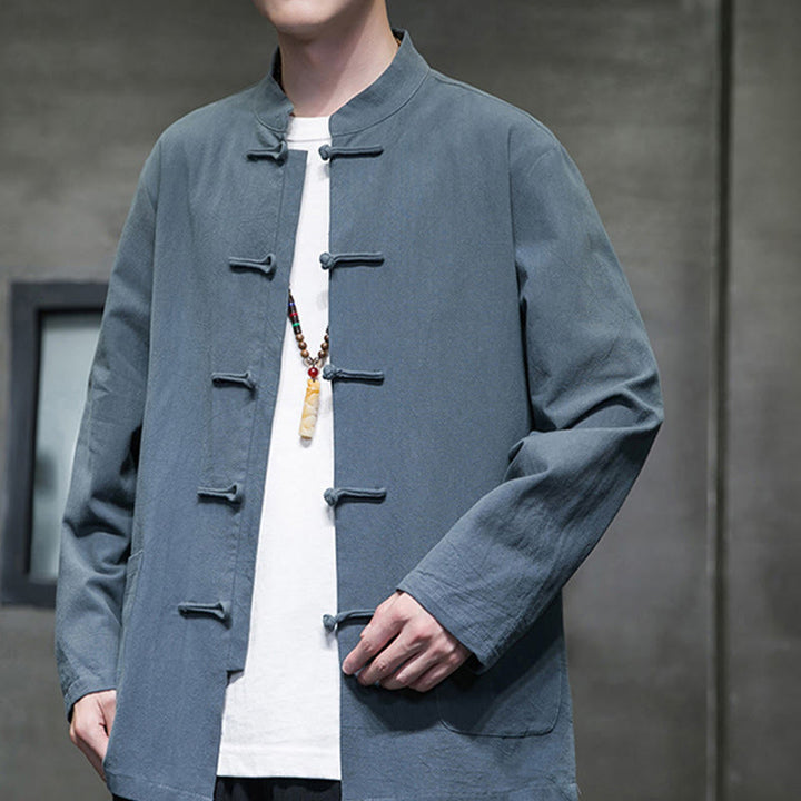 Giacca da uomo in lino e cotone con tasche, tinta unita, bottoni a rana , Buddha Stones - image 3