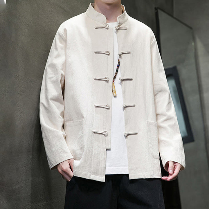 Giacca da uomo in lino e cotone con tasche, tinta unita, bottoni a rana , Buddha Stones - image 13