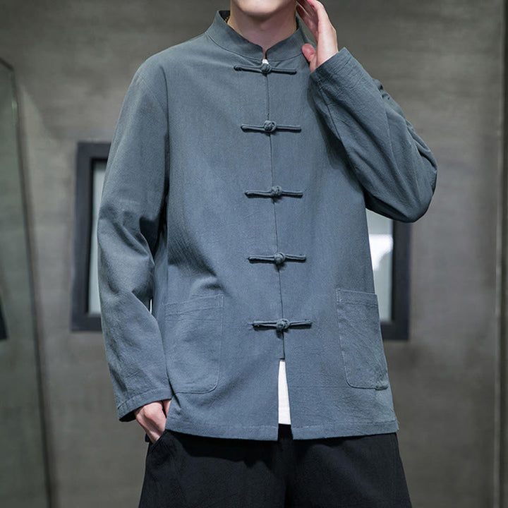 Giacca da uomo in lino e cotone con tasche, tinta unita, bottoni a rana , Buddha Stones - image 6