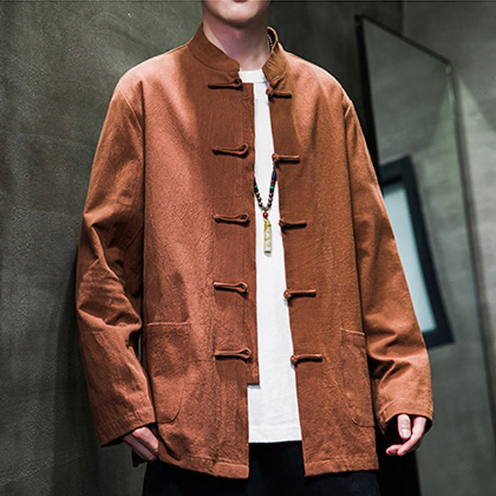 Giacca da uomo in lino e cotone con tasche, tinta unita, bottoni a rana , Buddha Stones - image 23