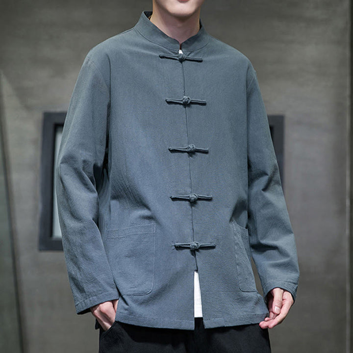 Giacca da uomo in lino e cotone con tasche, tinta unita, bottoni a rana , Buddha Stones - image 5