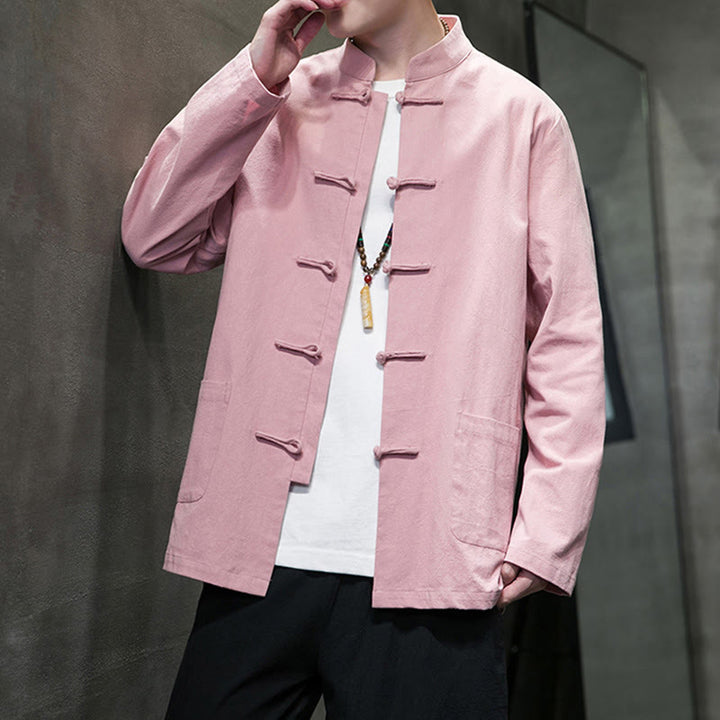 Giacca da uomo in lino e cotone con tasche, tinta unita, bottoni a rana , Buddha Stones - image 31