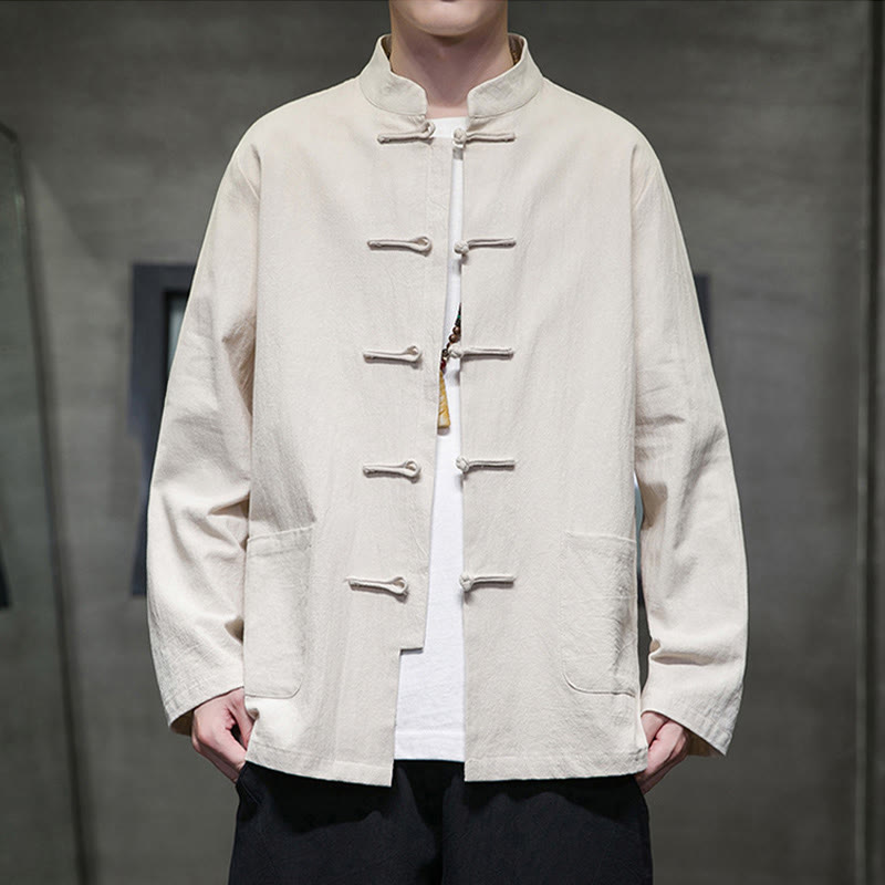 Giacca da uomo in lino e cotone con tasche, tinta unita, bottoni a rana , Buddha Stones - Beige - US/UK/AU46, EU56 (5XL) - image 11