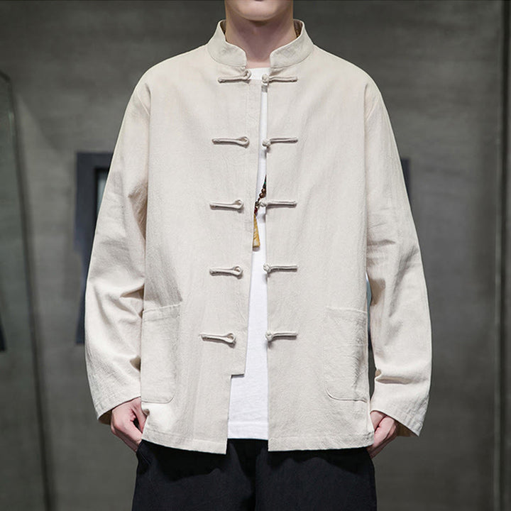 Giacca da uomo in lino e cotone con tasche, tinta unita, bottoni a rana , Buddha Stones - Beige - US/UK/AU46, EU56 (5XL) - image 11
