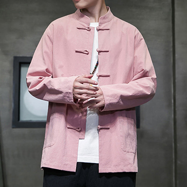 Giacca da uomo in lino e cotone con tasche, tinta unita, bottoni a rana , Buddha Stones - image 30