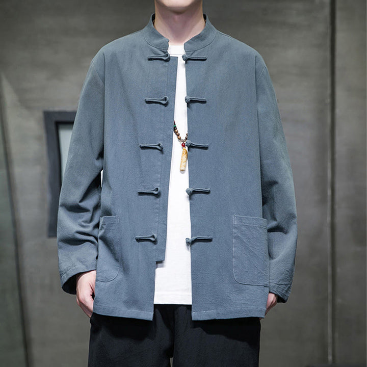 Giacca da uomo in lino e cotone con tasche, tinta unita, bottoni a rana , Buddha Stones - SteelBlue - US/UK/AU46, EU56 (5XL) - image 0