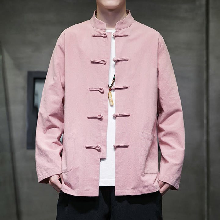 Giacca da uomo in lino e cotone con tasche, tinta unita, bottoni a rana , Buddha Stones - Rosa chiaro - US/UK/AU46, EU56 (5XL) - image 25