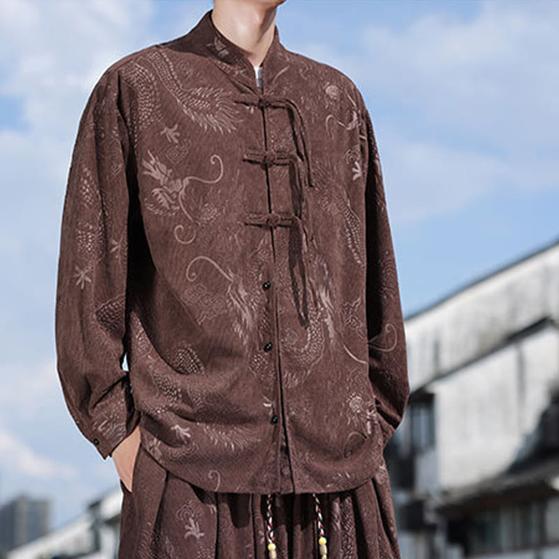 Giacca e pantaloni casual in velluto a coste di cotone da uomo con tasche, motivo drago , Buddha Stones
