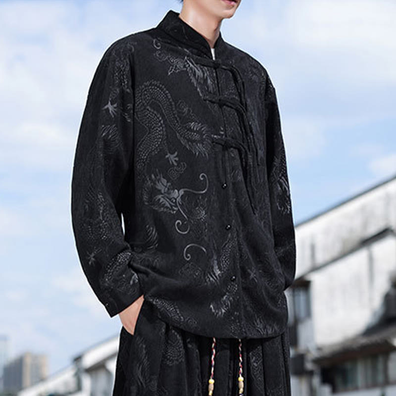 Giacca e pantaloni casual in velluto a coste di cotone da uomo con tasche, motivo drago , Buddha Stones