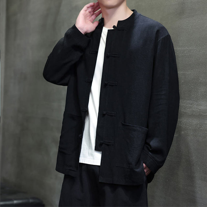 Buddha Stones Casual Tinta Unita Rana-bottoni Lino Giacca Camicia Uomo Con Tasche - image 13