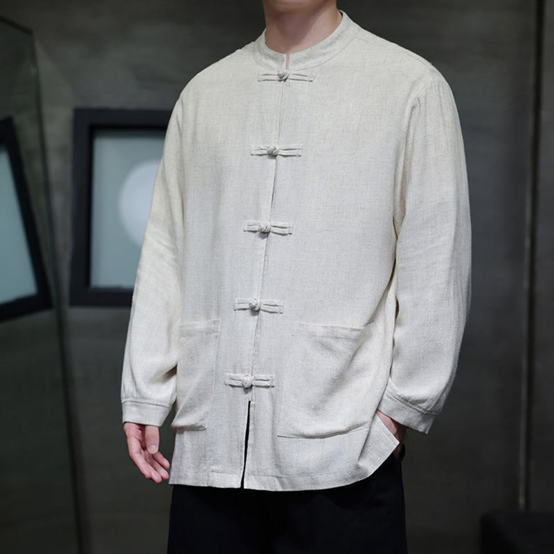 Buddha Stones Casual Tinta Unita Rana-bottoni Lino Giacca Camicia Uomo Con Tasche - image 16