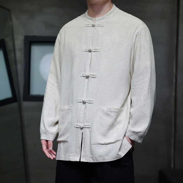 Buddha Stones Casual Tinta Unita Rana-bottoni Lino Giacca Camicia Uomo Con Tasche - image 16