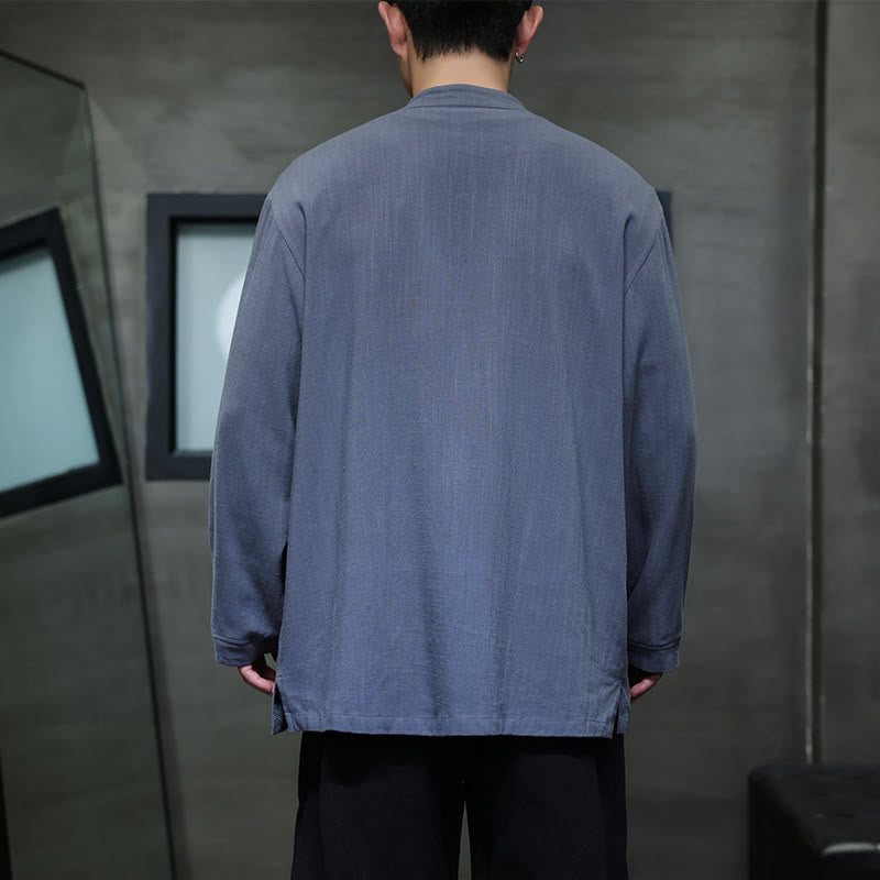 Buddha Stones Casual Tinta Unita Rana-bottoni Lino Giacca Camicia Uomo Con Tasche