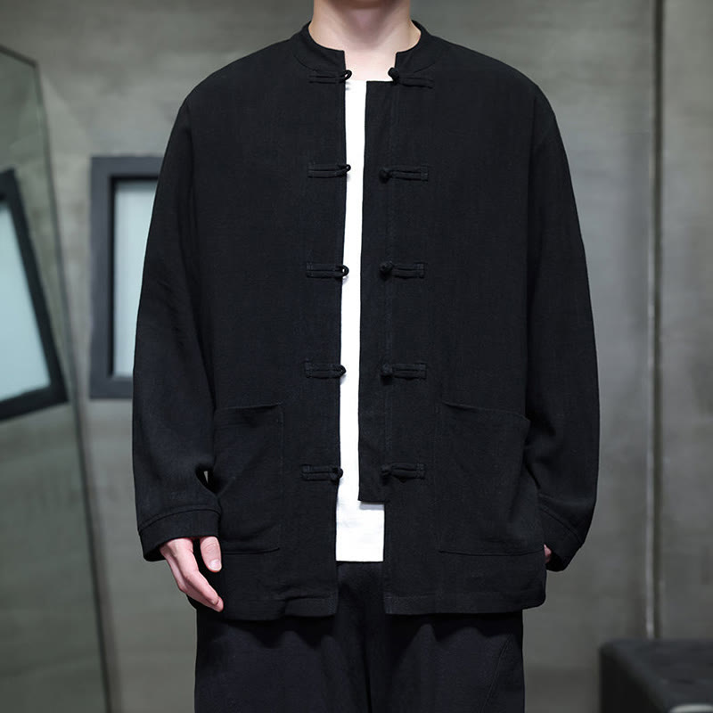 Buddha Stones Casual Tinta Unita Rana-bottoni Lino Giacca Camicia Uomo Con Tasche - image 10