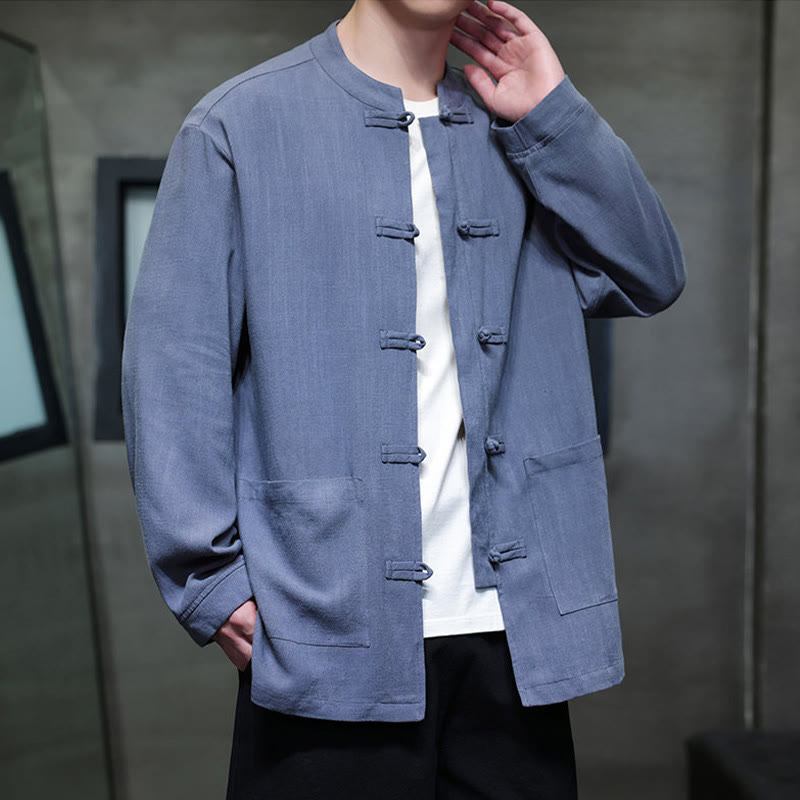 Buddha Stones Casual Tinta Unita Rana-bottoni Lino Giacca Camicia Uomo Con Tasche - image 3
