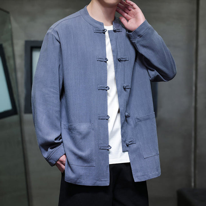 Buddha Stones Casual Tinta Unita Rana-bottoni Lino Giacca Camicia Uomo Con Tasche - image 3