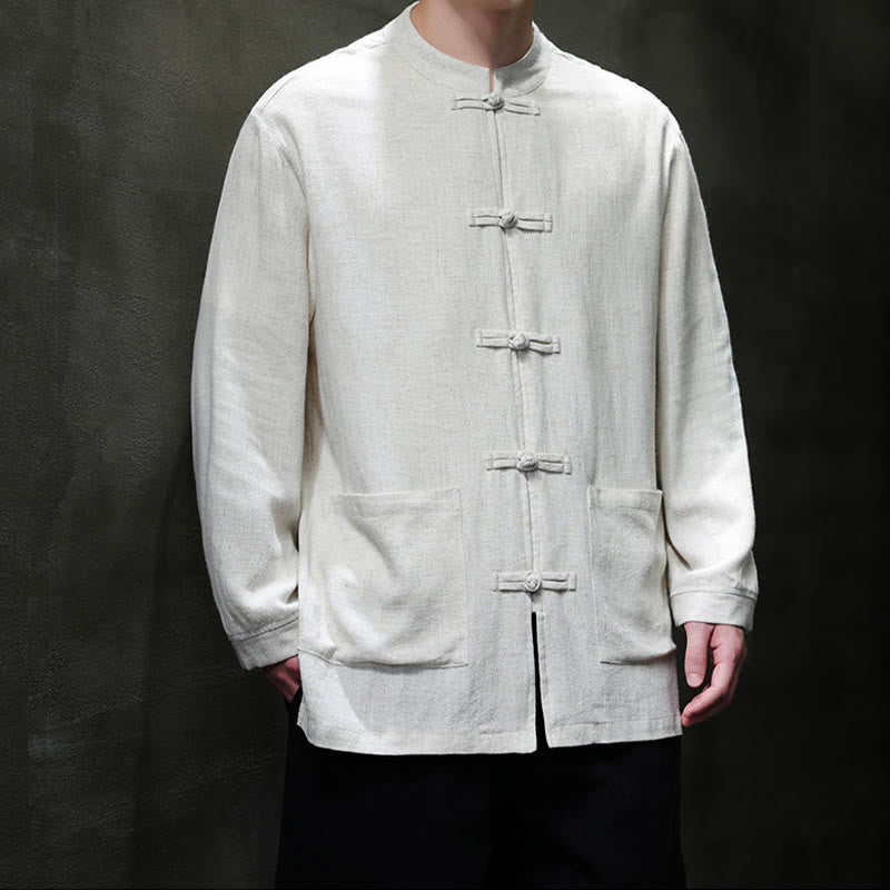 Buddha Stones Casual Tinta Unita Rana-bottoni Lino Giacca Camicia Uomo Con Tasche - image 17