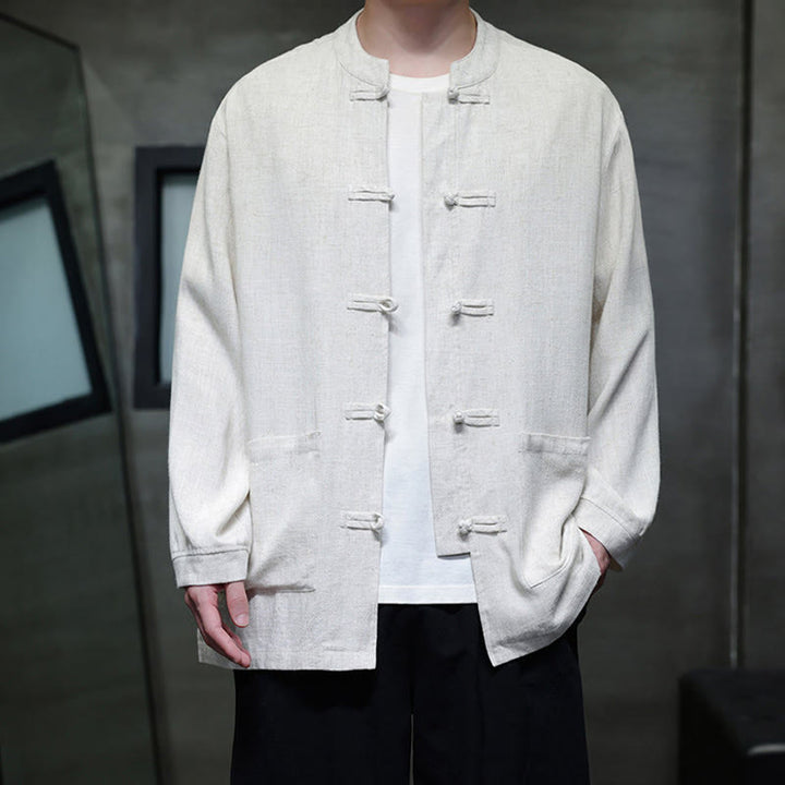 Buddha Stones Casual Tinta Unita Rana-bottoni Lino Giacca Camicia Uomo Con Tasche - image 15