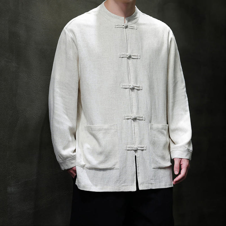 Buddha Stones Casual Tinta Unita Rana-bottoni Lino Giacca Camicia Uomo Con Tasche