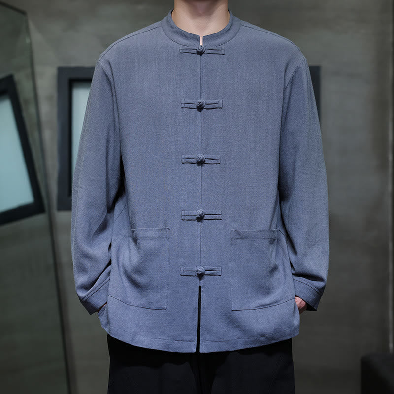 Buddha Stones Casual Tinta Unita Rana-bottoni Lino Giacca Camicia Uomo Con Tasche - Blu reale - US/UK/AU46, EU56 (5XL) - image 0