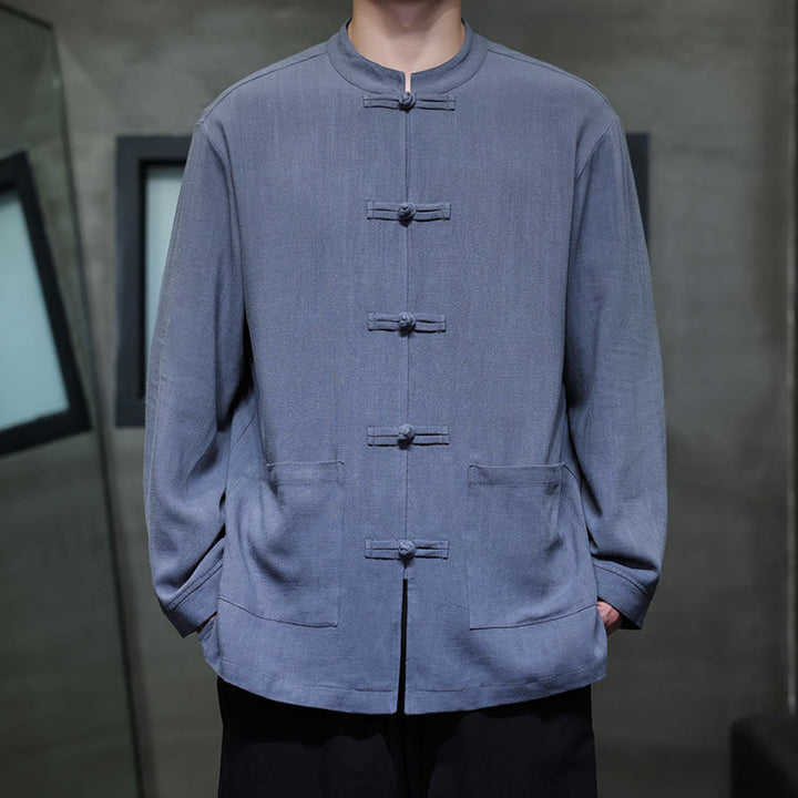 Buddha Stones Casual Tinta Unita Rana-bottoni Lino Giacca Camicia Uomo Con Tasche - Blu reale - US/UK/AU46, EU56 (5XL) - image 0