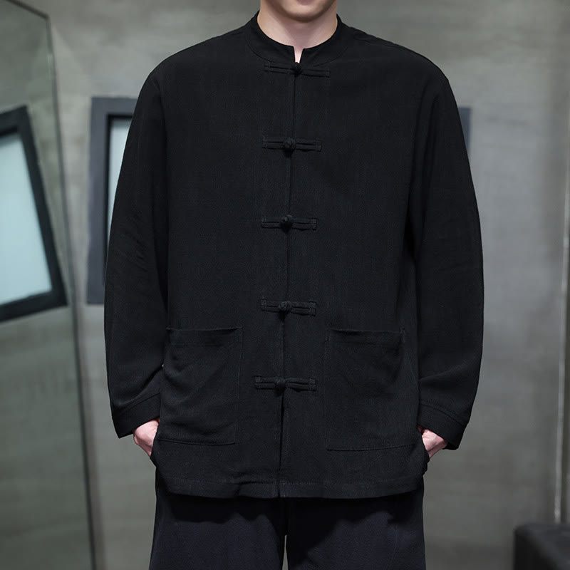 Buddha Stones Casual Tinta Unita Rana-bottoni Lino Giacca Camicia Uomo Con Tasche - Nero - US/UK/AU46, EU56 (5XL) - image 8