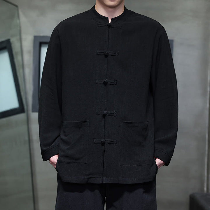 Buddha Stones Casual Tinta Unita Rana-bottoni Lino Giacca Camicia Uomo Con Tasche - Nero - US/UK/AU46, EU56 (5XL) - image 8