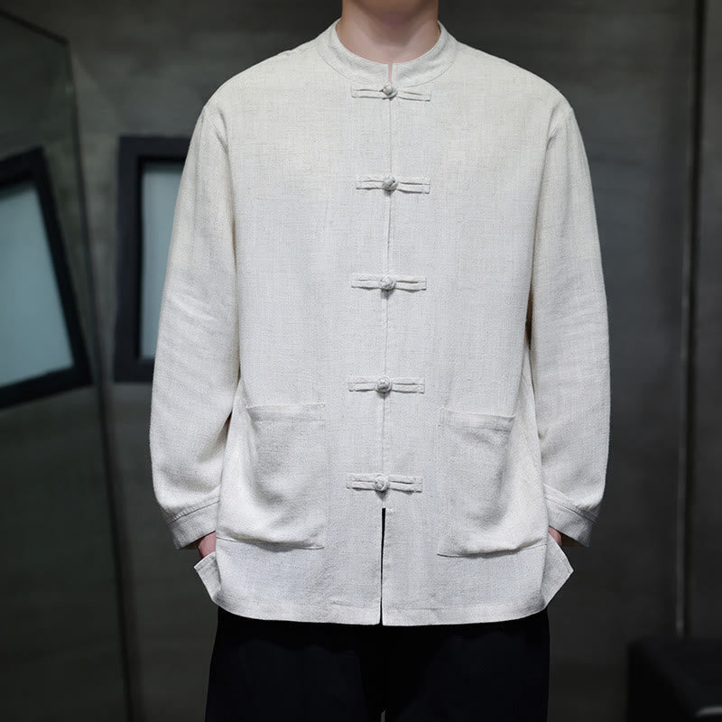 Buddha Stones Casual Tinta Unita Rana-bottoni Lino Giacca Camicia Uomo Con Tasche - Bianco - US/UK/AU46, EU56 (5XL) - image 14
