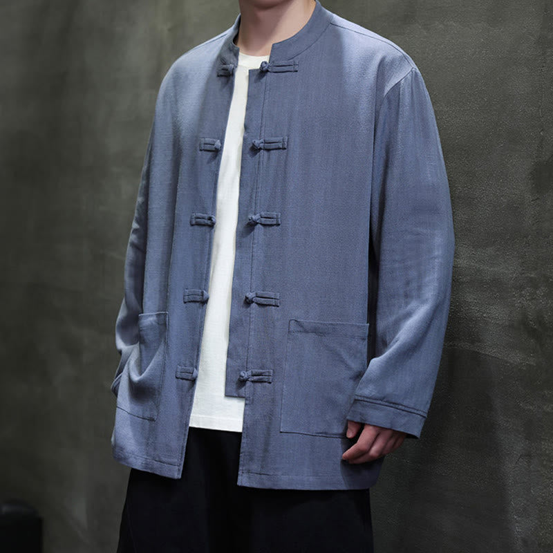 Buddha Stones Casual Tinta Unita Rana-bottoni Lino Giacca Camicia Uomo Con Tasche - image 2