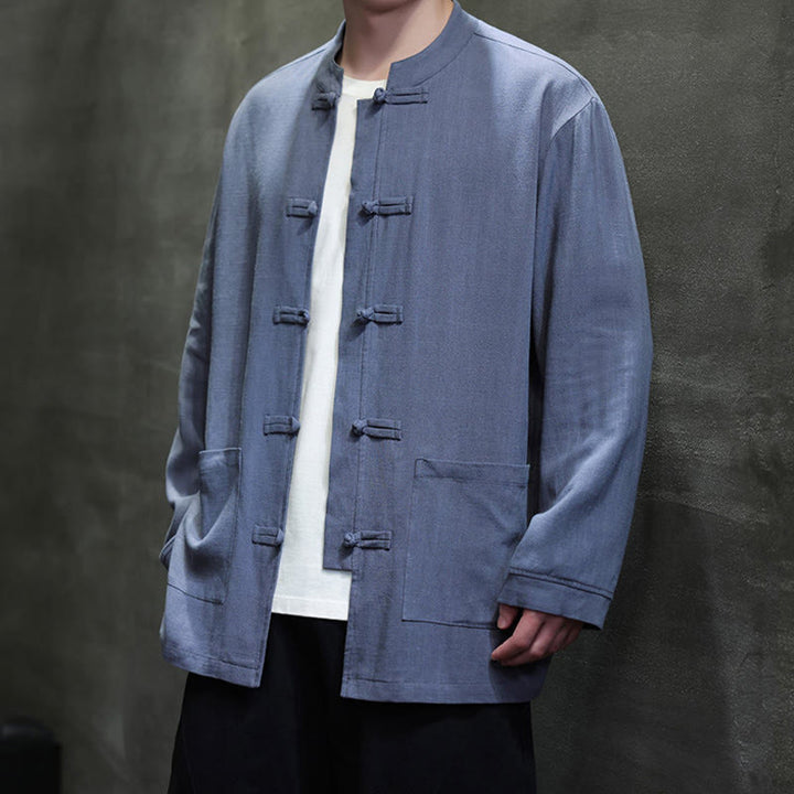 Buddha Stones Casual Tinta Unita Rana-bottoni Lino Giacca Camicia Uomo Con Tasche - image 2
