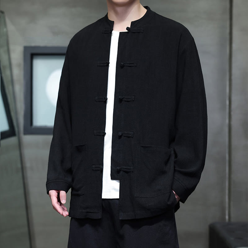 Buddha Stones Casual Tinta Unita Rana-bottoni Lino Giacca Camicia Uomo Con Tasche - image 12