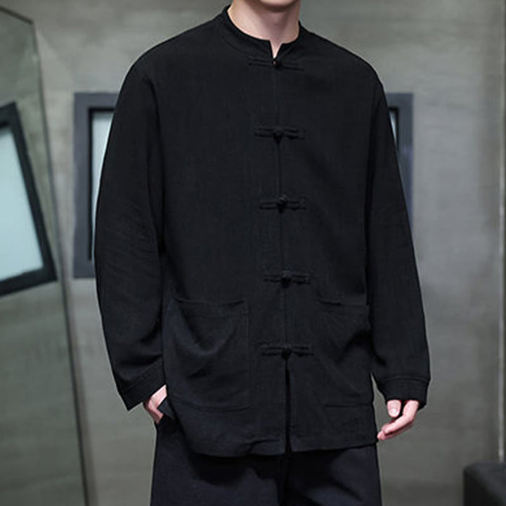 Buddha Stones Casual Tinta Unita Rana-bottoni Lino Giacca Camicia Uomo Con Tasche - image 9