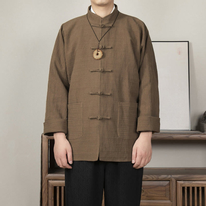 Giacca da uomo in lino e cotone con tasche, tinta unita, bottoni a rana , Buddha Stones