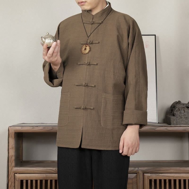 Giacca da uomo in lino e cotone con tasche, tinta unita, bottoni a rana , Buddha Stones
