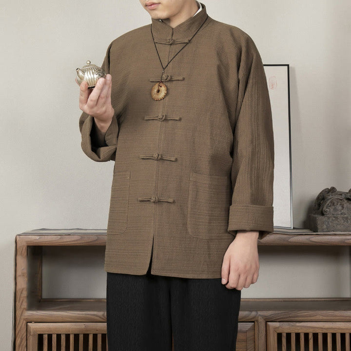 Giacca da uomo in lino e cotone con tasche, tinta unita, bottoni a rana , Buddha Stones