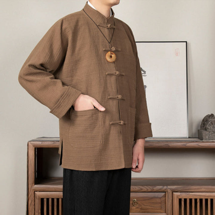 Giacca da uomo in lino e cotone con tasche, tinta unita, bottoni a rana , Buddha Stones