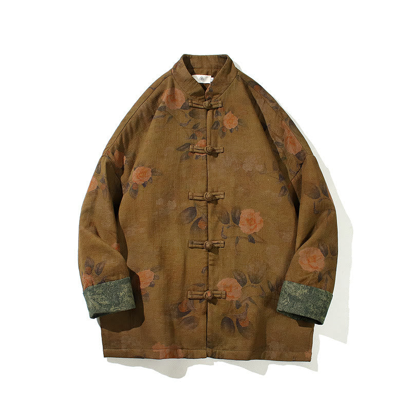 Buddha Stones Foglie Fiore Rana-bottoni Tang Suit Cotone Giacca Camicia Uomo