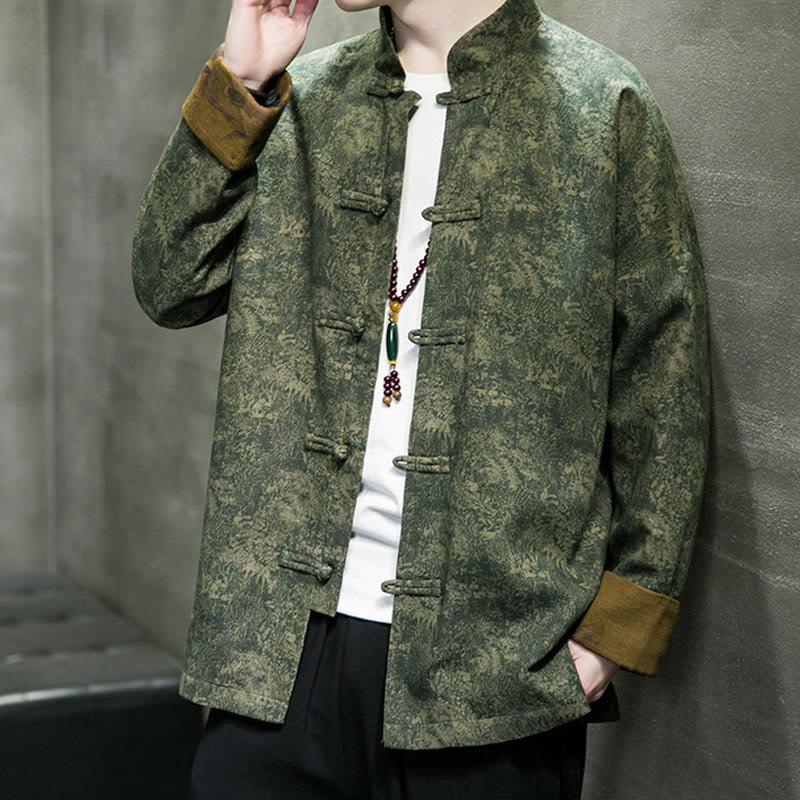 Buddha Stones Foglie Fiore Rana-bottoni Tang Suit Cotone Giacca Camicia Uomo  - image 6