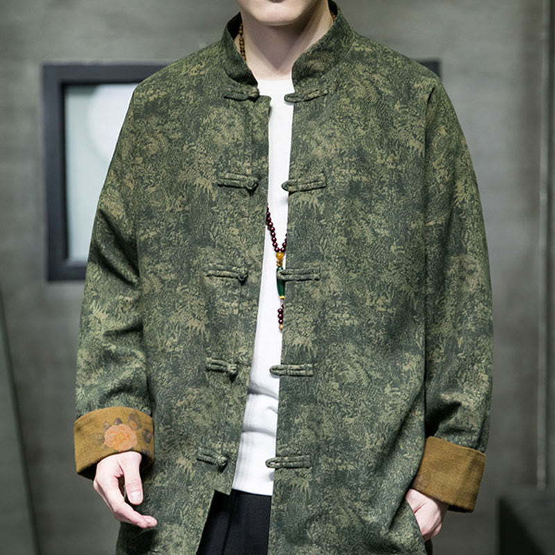 Buddha Stones Foglie Fiore Rana-bottoni Tang Suit Cotone Giacca Camicia Uomo  - Verde studentesco - US/UK/AU46, EU56 (5XL) - image 0