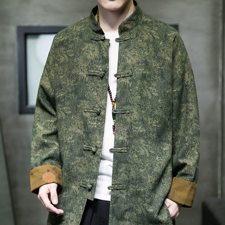 Buddha Stones Foglie Fiore Rana-bottoni Tang Suit Cotone Giacca Camicia Uomo  - Verde studentesco - US/UK/AU46, EU56 (5XL) - image 0