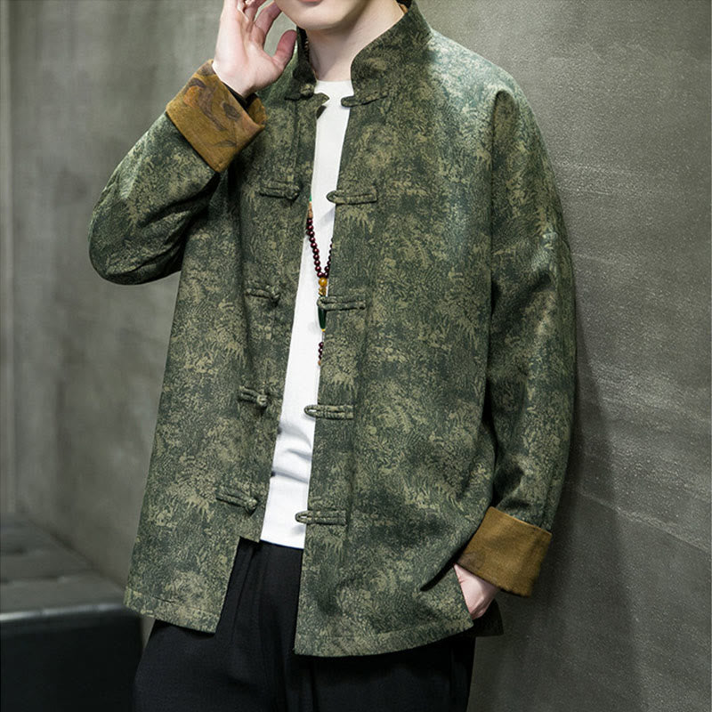 Buddha Stones Foglie Fiore Rana-bottoni Tang Suit Cotone Giacca Camicia Uomo  - image 4