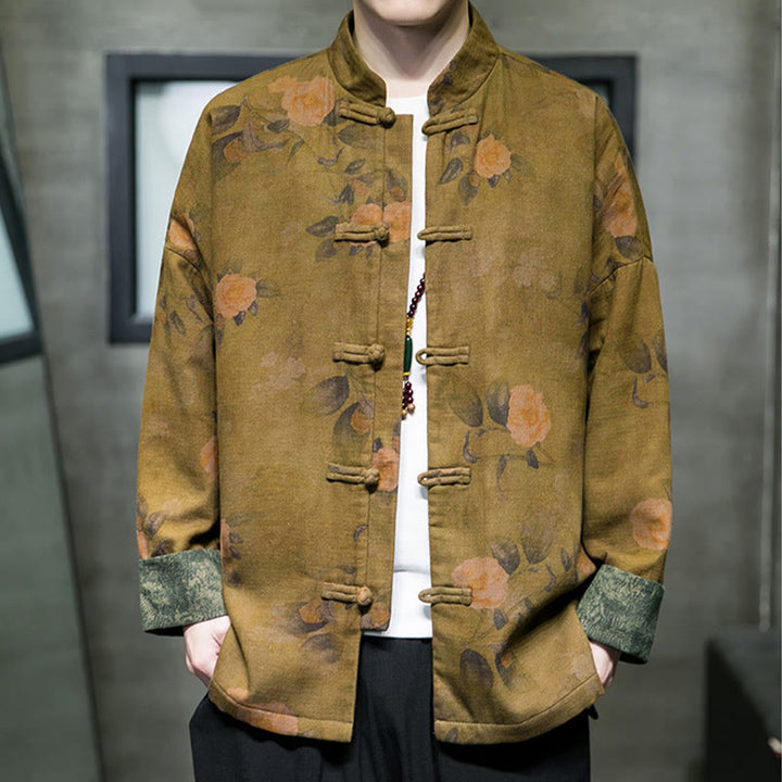 Buddha Stones Foglie Fiore Rana-bottoni Tang Suit Cotone Giacca Camicia Uomo