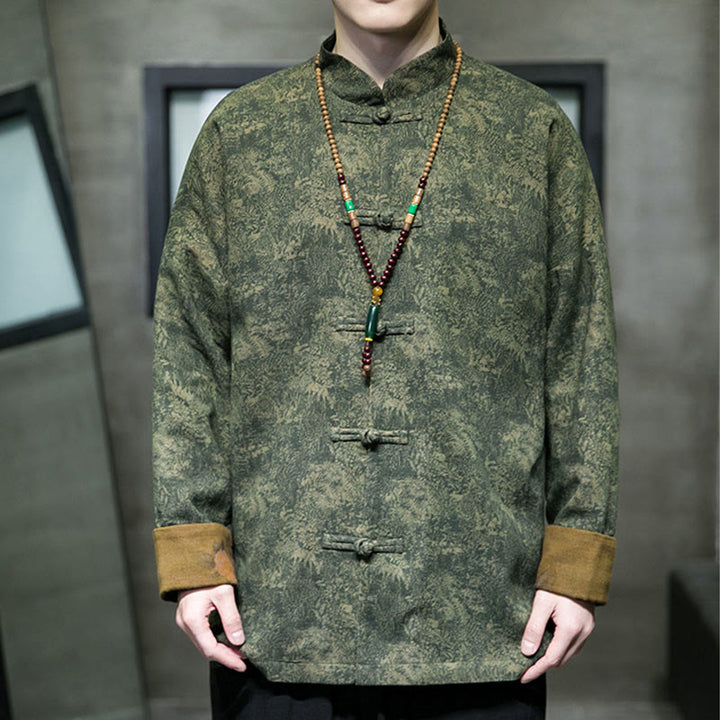 Buddha Stones Foglie Fiore Rana-bottoni Tang Suit Cotone Giacca Camicia Uomo  - image 7