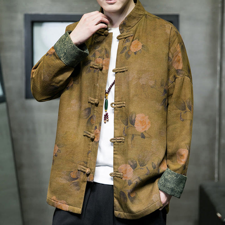 Buddha Stones Foglie Fiore Rana-bottoni Tang Suit Cotone Giacca Camicia Uomo  - image 10