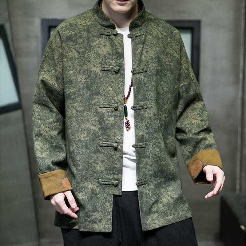 Buddha Stones Foglie Fiore Rana-bottoni Tang Suit Cotone Giacca Camicia Uomo  - image 5