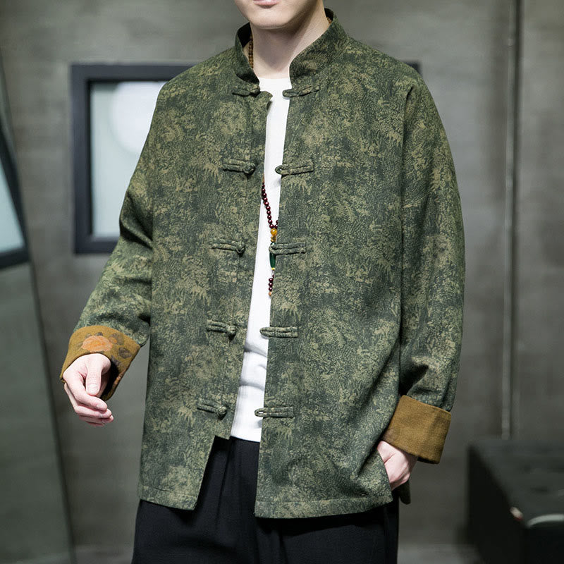 Buddha Stones Foglie Fiore Rana-bottoni Tang Suit Cotone Giacca Camicia Uomo  - image 1