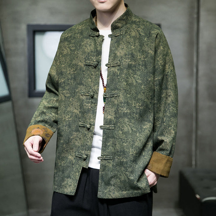 Buddha Stones Foglie Fiore Rana-bottoni Tang Suit Cotone Giacca Camicia Uomo  - image 1