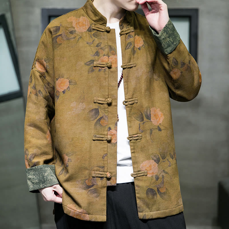 Buddha Stones Foglie Fiore Rana-bottoni Tang Suit Cotone Giacca Camicia Uomo