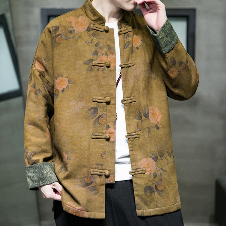 Buddha Stones Foglie Fiore Rana-bottoni Tang Suit Cotone Giacca Camicia Uomo